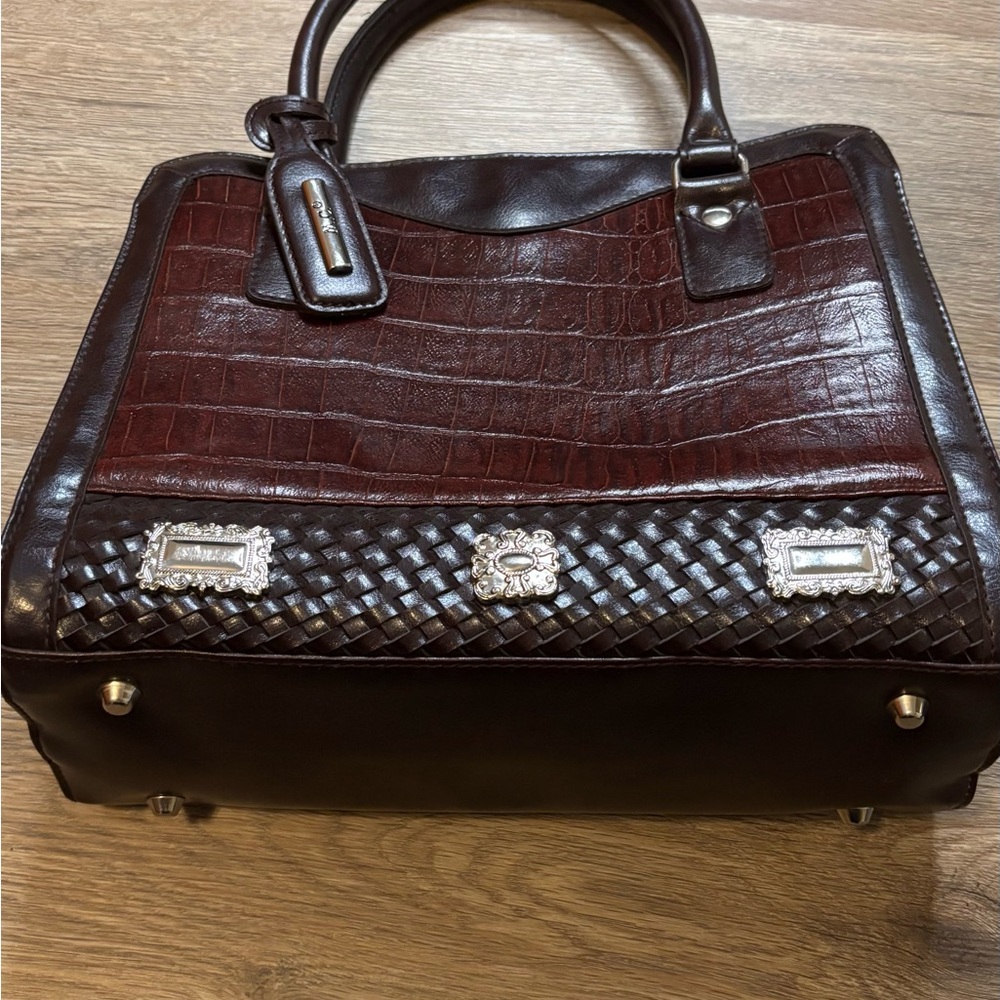 M.C. Marc Chantal Brown Leather Satchel with Crocodile Embossed Pattern